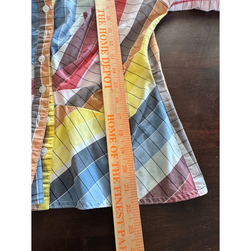 Finley Rainbow Top Plaid Ruched Button Down Multicolor Retro 70s Stretch Small - Picture 8 of 9